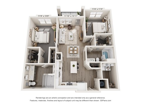 Floor plan for 2 beds, 2 baths, 1206 sqft